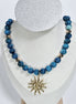 Sun Spiral Dark Green Blue Stone Necklace with Gold Plated Spacers and Sun Charm