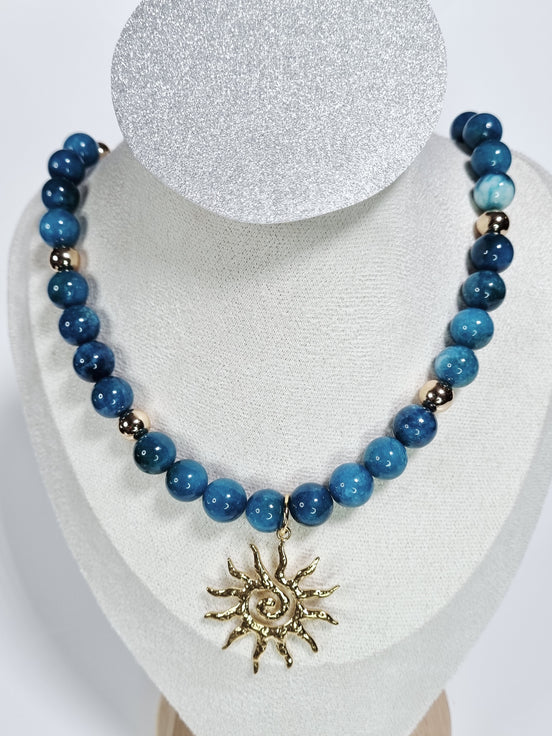 Sun Spiral Dark Green Blue Stone Necklace with Gold Plated Spacers and Sun Charm