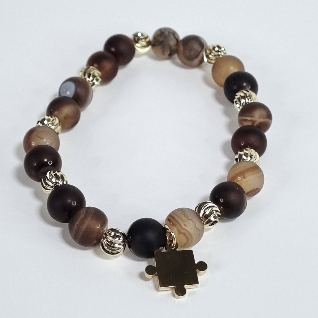 Mocha Puzzle Handmade Matte Coffee Agate stone Stretch Bracelet with Gold-Plated Charm