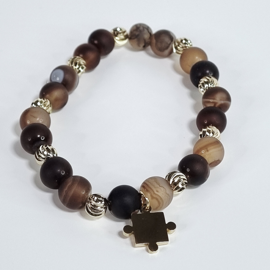 Mocha Puzzle Handmade Matte Coffee Agate stone Stretch Bracelet with Gold-Plated Charm