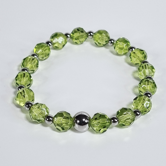 Light Green Glass Stretch Bracelet with Stainless Steel Spacers – 17 cm