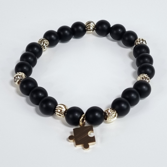 Midnight Puzzle Handmade Matte Black Agate Stone Stretch Bracelet with Gold-Plated Spacers