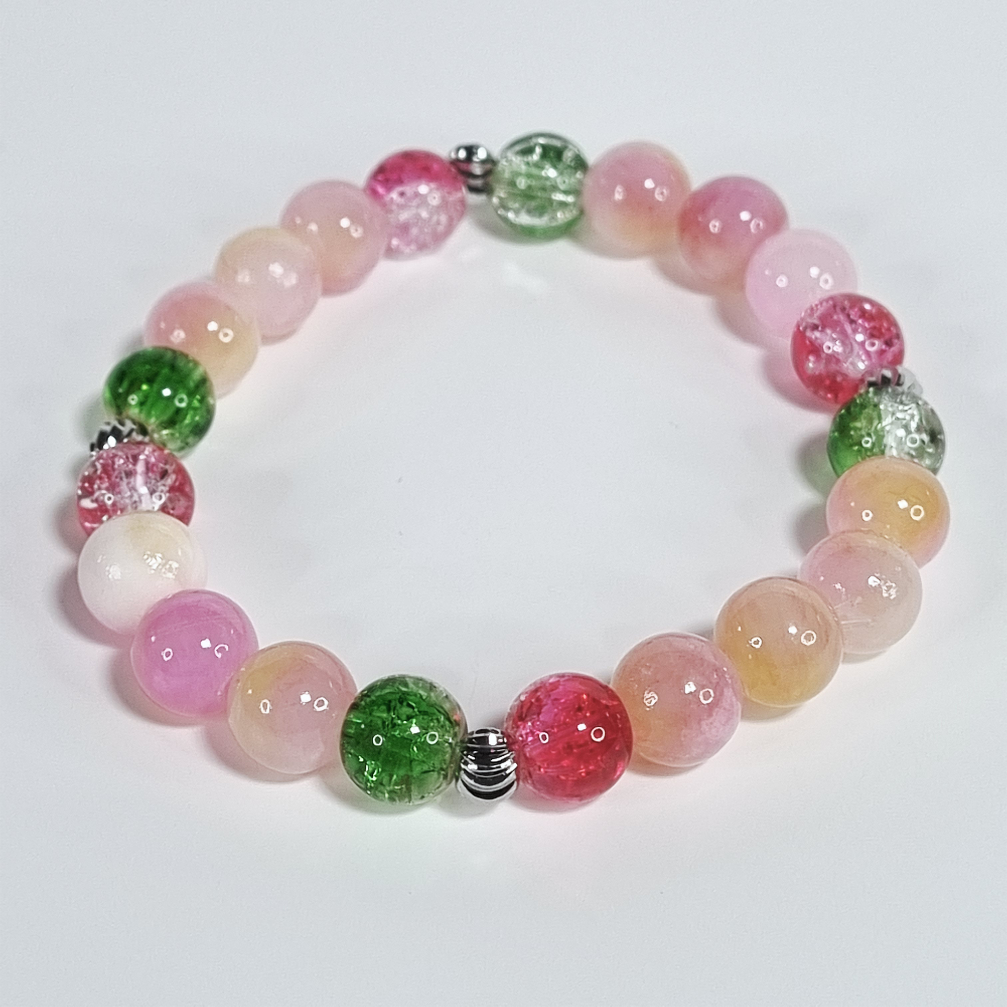 Festive Handmade Stretch Bracelet with Persian Jade Stones and Colorful Glass Beads