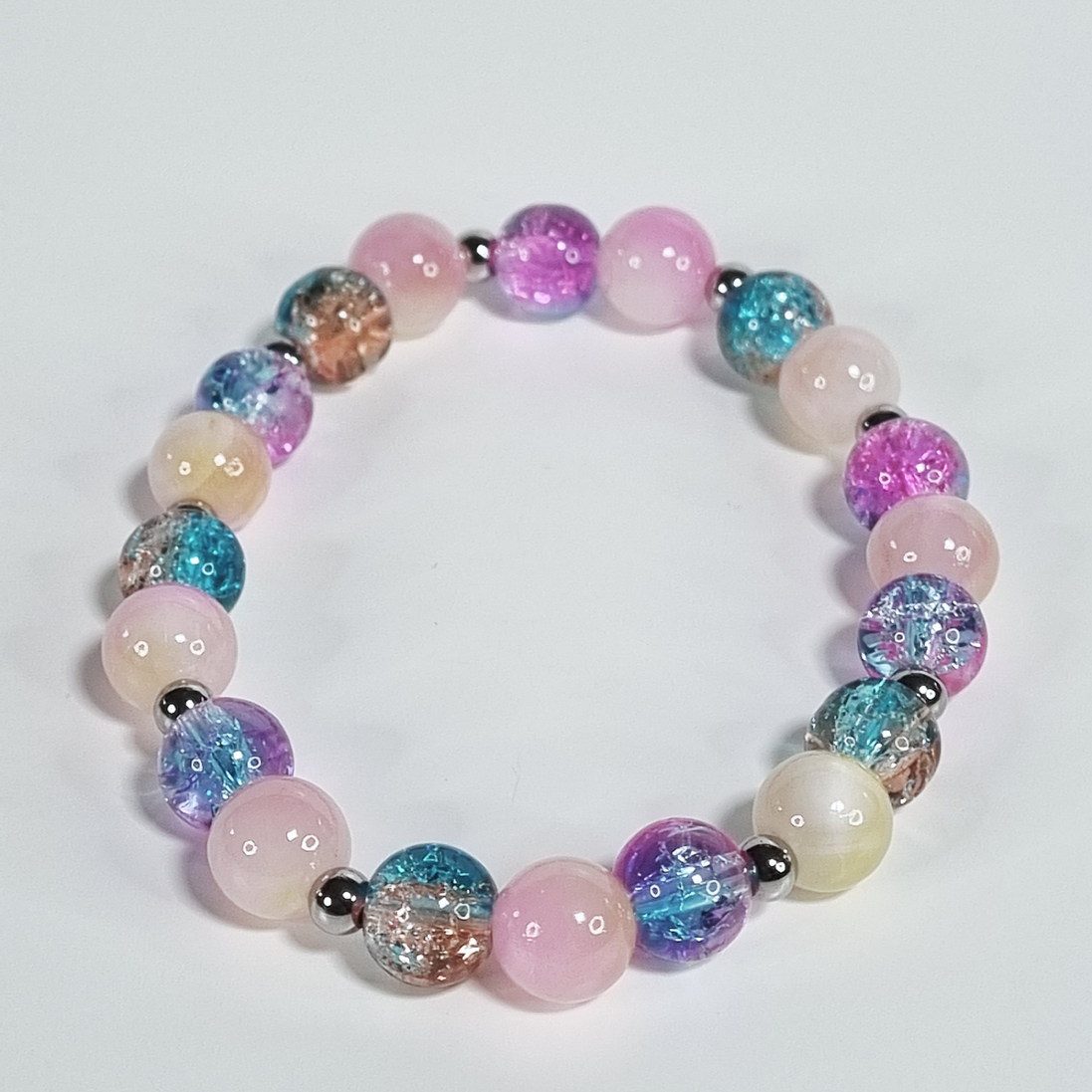 Bubblegum World Handmade Stretch Bracelet with Persian Jade Stones and Colorful Glass Beads