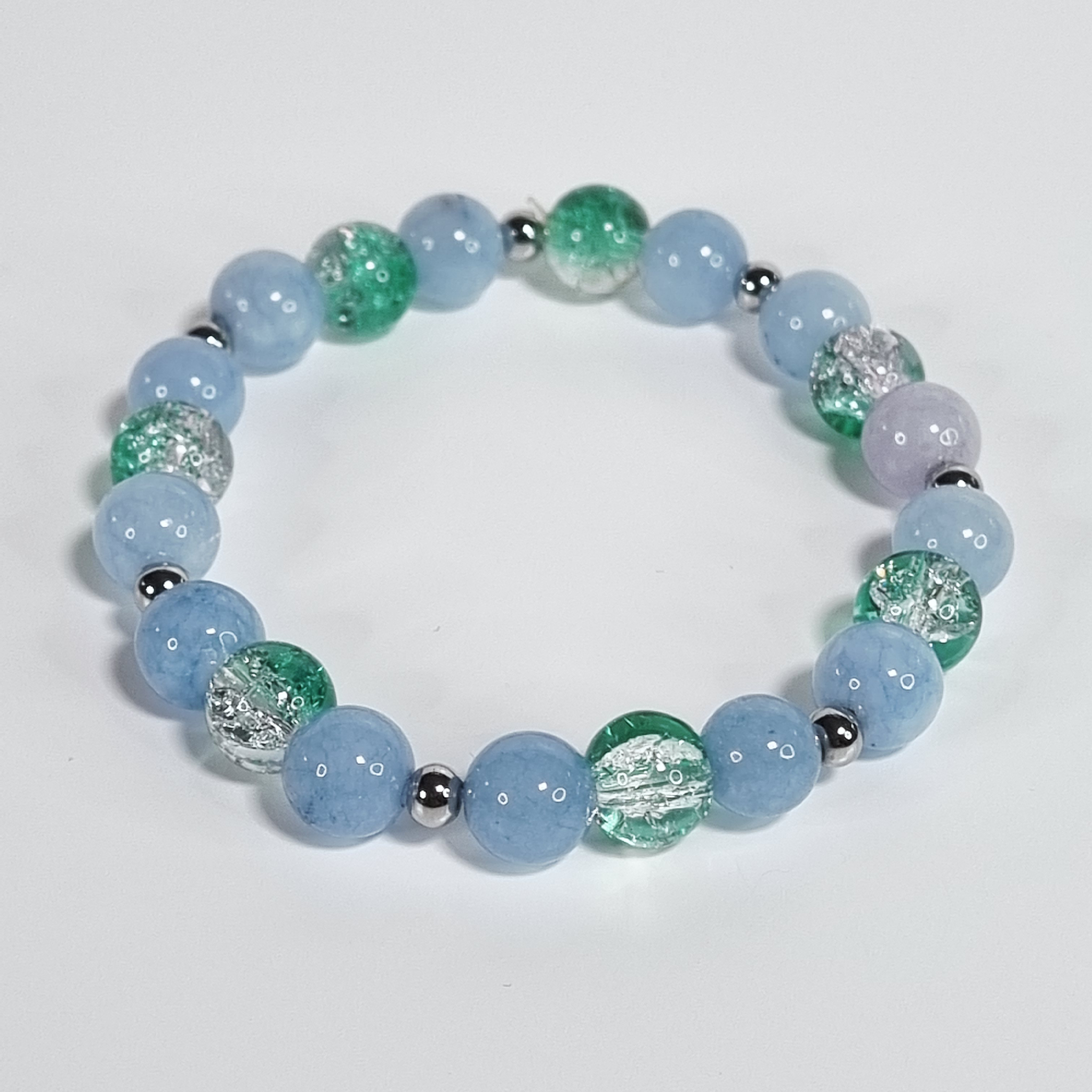 Ocean Spark Handmade Stretch Bracelet with Light Blue Chalcedony stones and Cracked Glass Beads