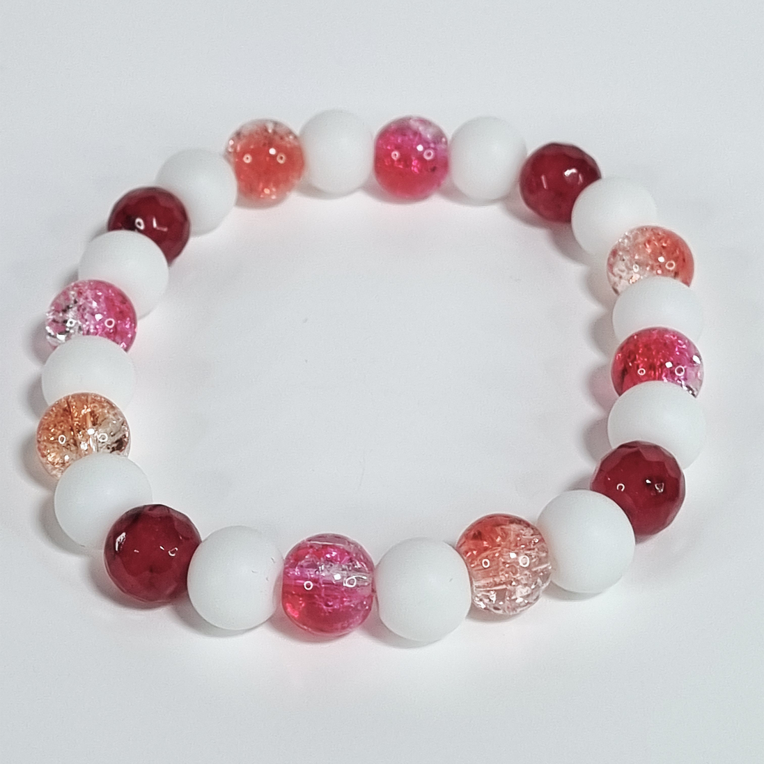 Sweet Cane Handmade Stretch Bracelet with White Stone and Red-Orange Glass Beads