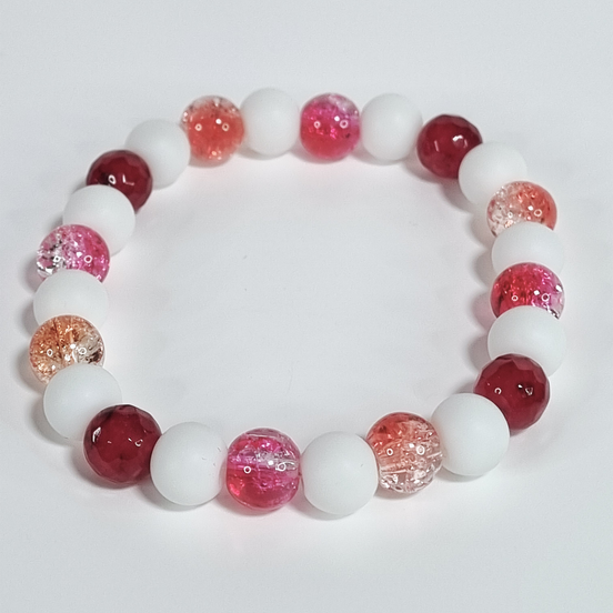 Sweet Cane Handmade Stretch Bracelet with White Stone and Red-Orange Glass Beads