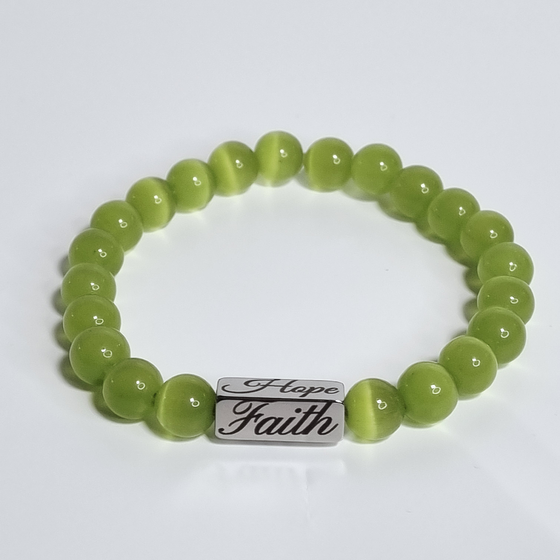 Personalized Green Cat Eye Bracelet with Engravable Stainless Steel Charm