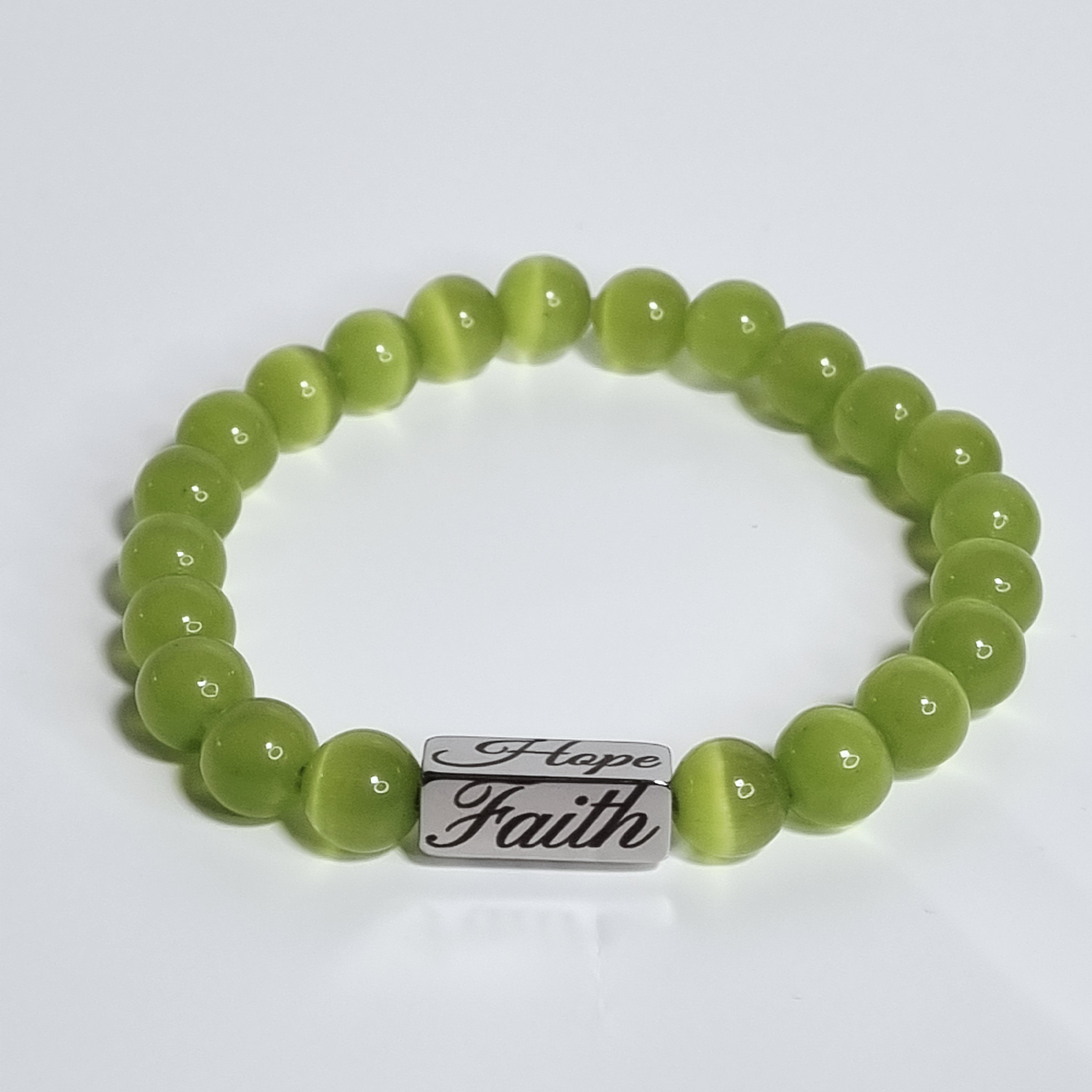 Personalized Green Cat Eye Bracelet with Engravable Stainless Steel Charm