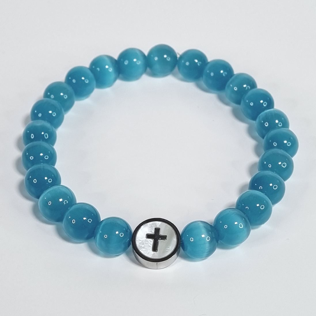 Aqua Faith Blauw Glazen Kralen Stretch Armband met Roestvrijstalen Kruis Cirkel Spacer