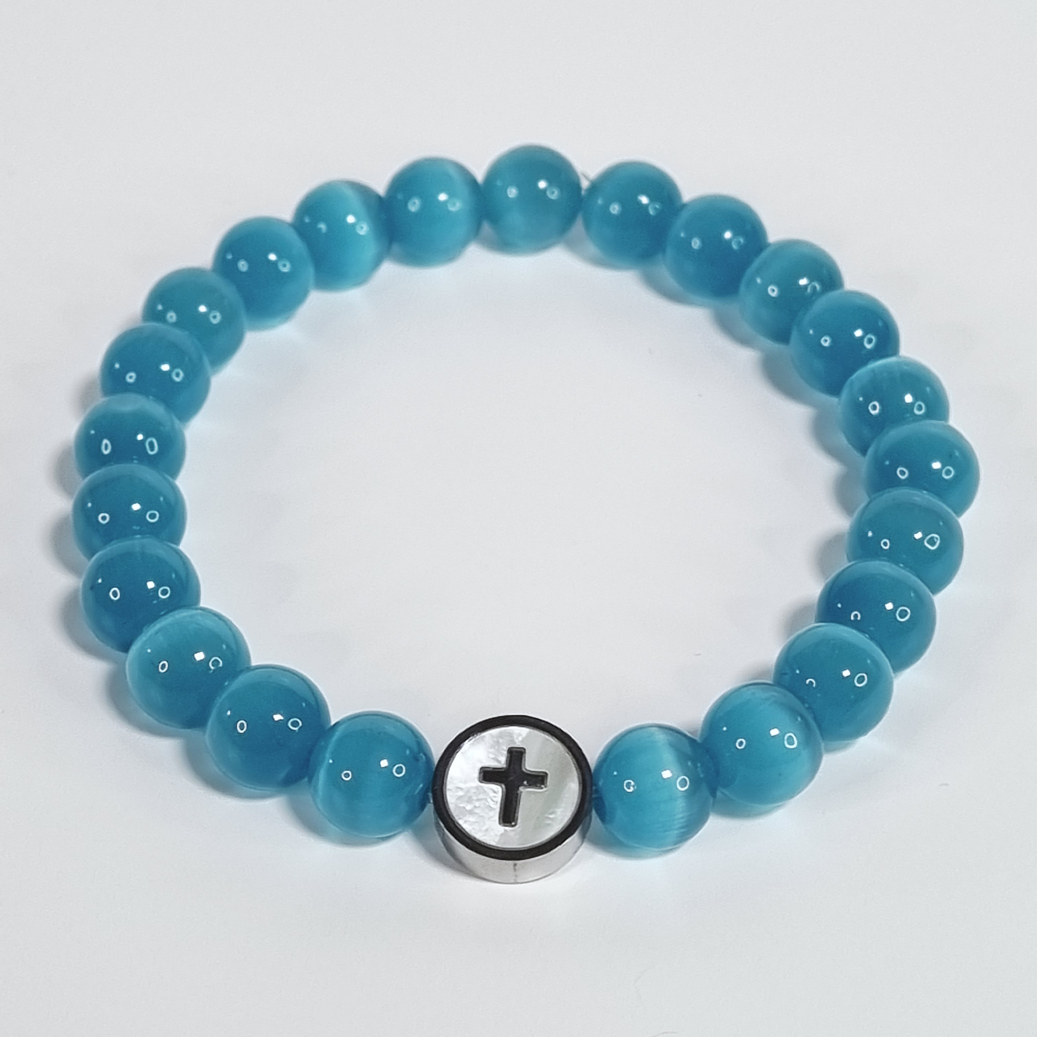 Aqua Faith Blauw Glazen Kralen Stretch Armband met Roestvrijstalen Kruis Cirkel Spacer