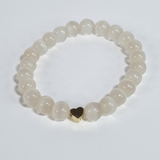 Soft Devotion Handmade Cat Eye Stretch Beige Bracelet with Heart Charm