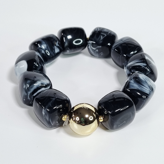 Black & White Acrylic Square Bead Elastic Bracelet – Gold Accent