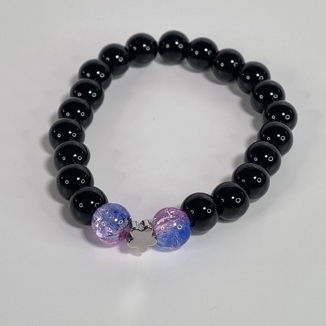 Midnight Bloom Handmade Black Glass Bead Stretch Bracelet with Floral Stainless Steel Spacer