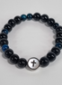 Steadfast Faith Handmade Black and Blue Glass Bead Stretch Bracelet with Stainless Steel Cross