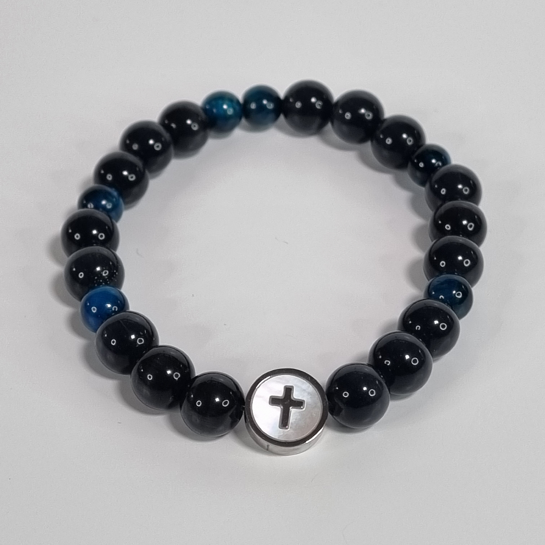 Steadfast Faith Handmade Black and Blue Glass Bead Stretch Bracelet with Stainless Steel Cross