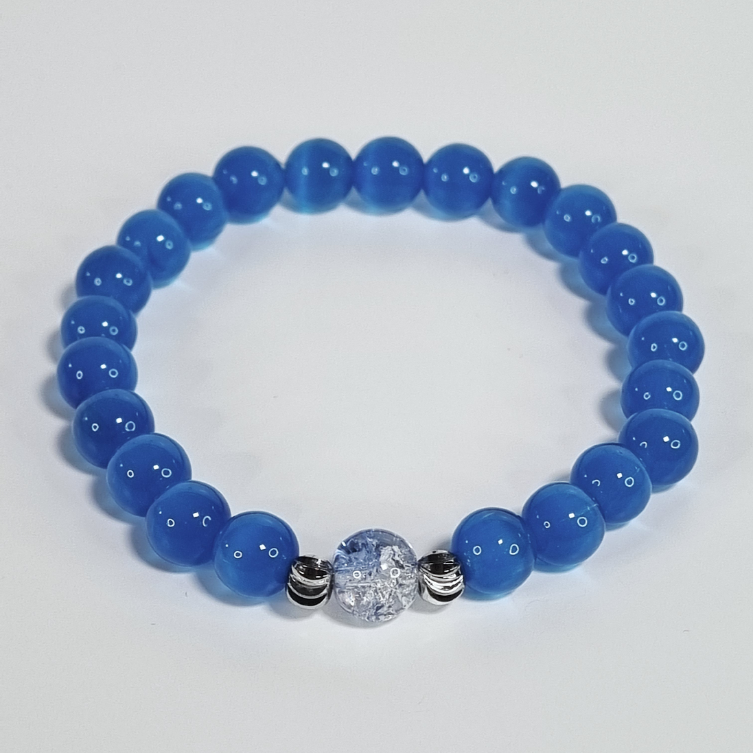 Oceaan Kalm Blauw Glaskraal Rekarmband met Verzilverde Spacer