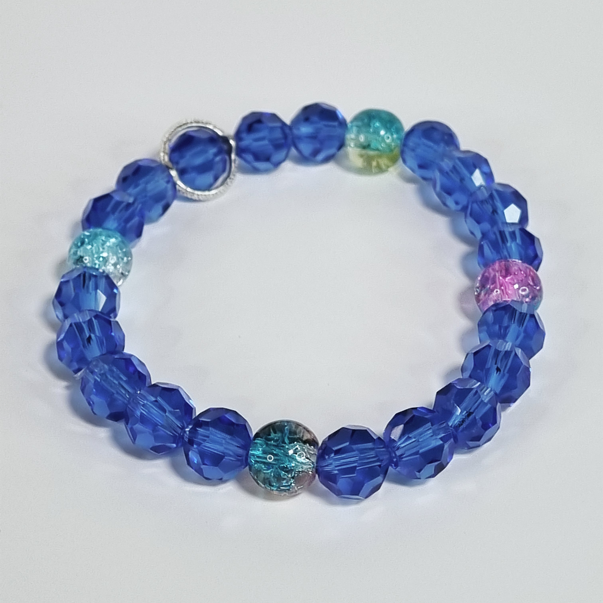 Deep Blue Sea – Coral Breeze Blue Glass Stretch Bracelet with Pink & Baby Blue Accents