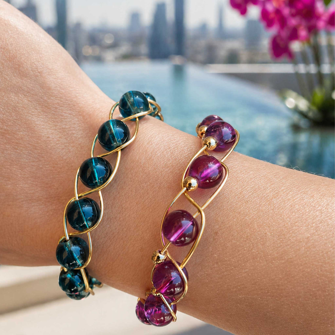 Gold Wire Beaded Bracelet Set – Blue & purple Stackable Bracelets, Handmade Glass Bead Jewelry