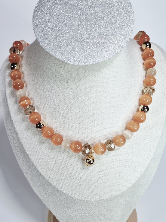 Golden Sand Glass Bead Necklace with Crystal Faceted Beads and Gold Plated Accents