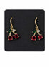 Gold Cherry Charm Earrings – Cute Gold Plated Earrings with Green Leaf & White Stone, Handmade Jewelry
