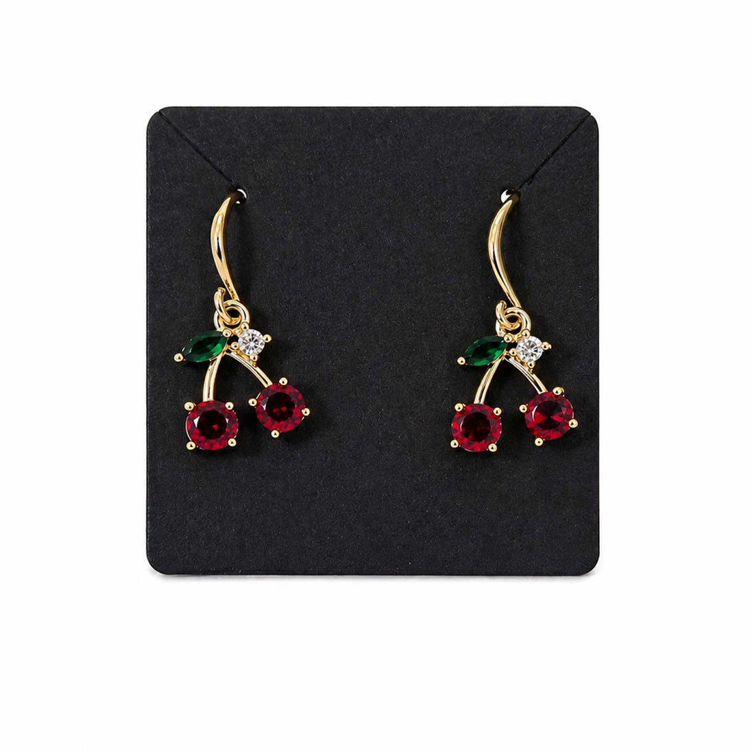 Gold Cherry Charm Earrings – Cute Gold Plated Earrings with Green Leaf & White Stone, Handmade Jewelry