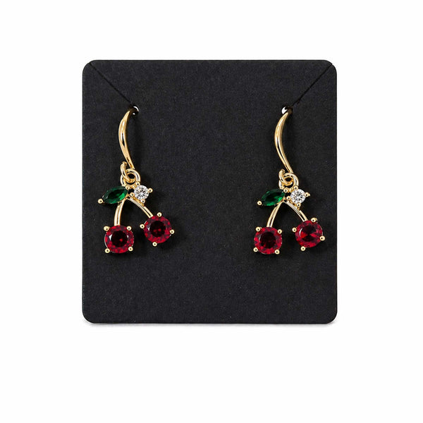 Gold Cherry Charm Earrings – Cute Gold Plated Earrings with Green Leaf & White Stone, Handmade Jewelry