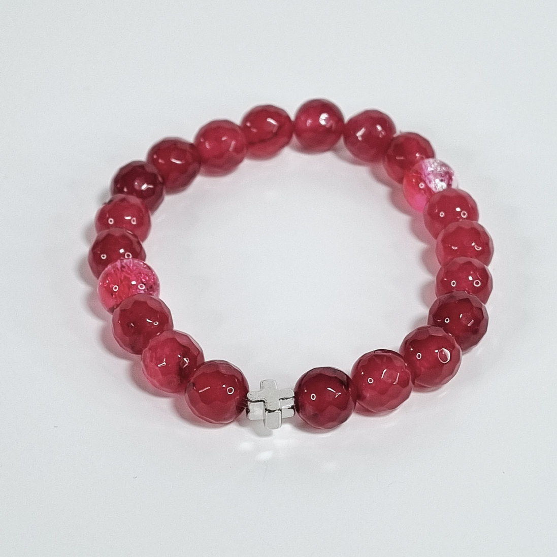 Faithful Heart Handmade Cherry Red Jade Stretch Bracelet with Silver Cross Spacer
