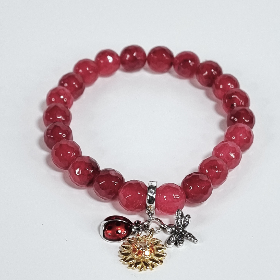 Garden Joy Handmade Cherry Red Jade Stretch Bracelet with Ladybird, Sunflower & Dragonfly Charm