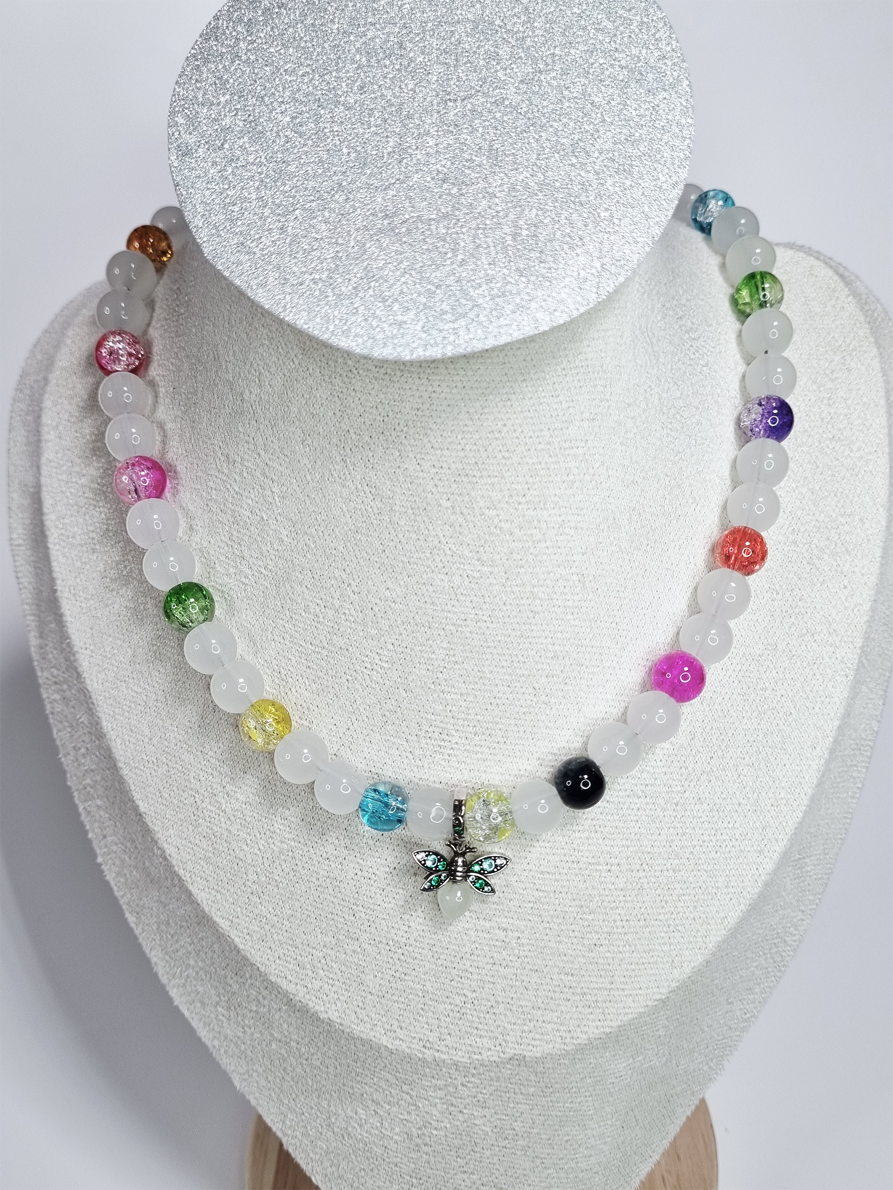 Butterfly Bloom Matte Glass Bead Necklace with Colorful Accents and Butterfly Charm