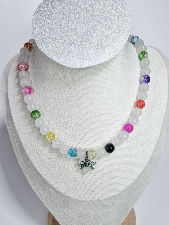 Butterfly Bloom Matte Glass Bead Necklace with Colorful Accents and Butterfly Charm