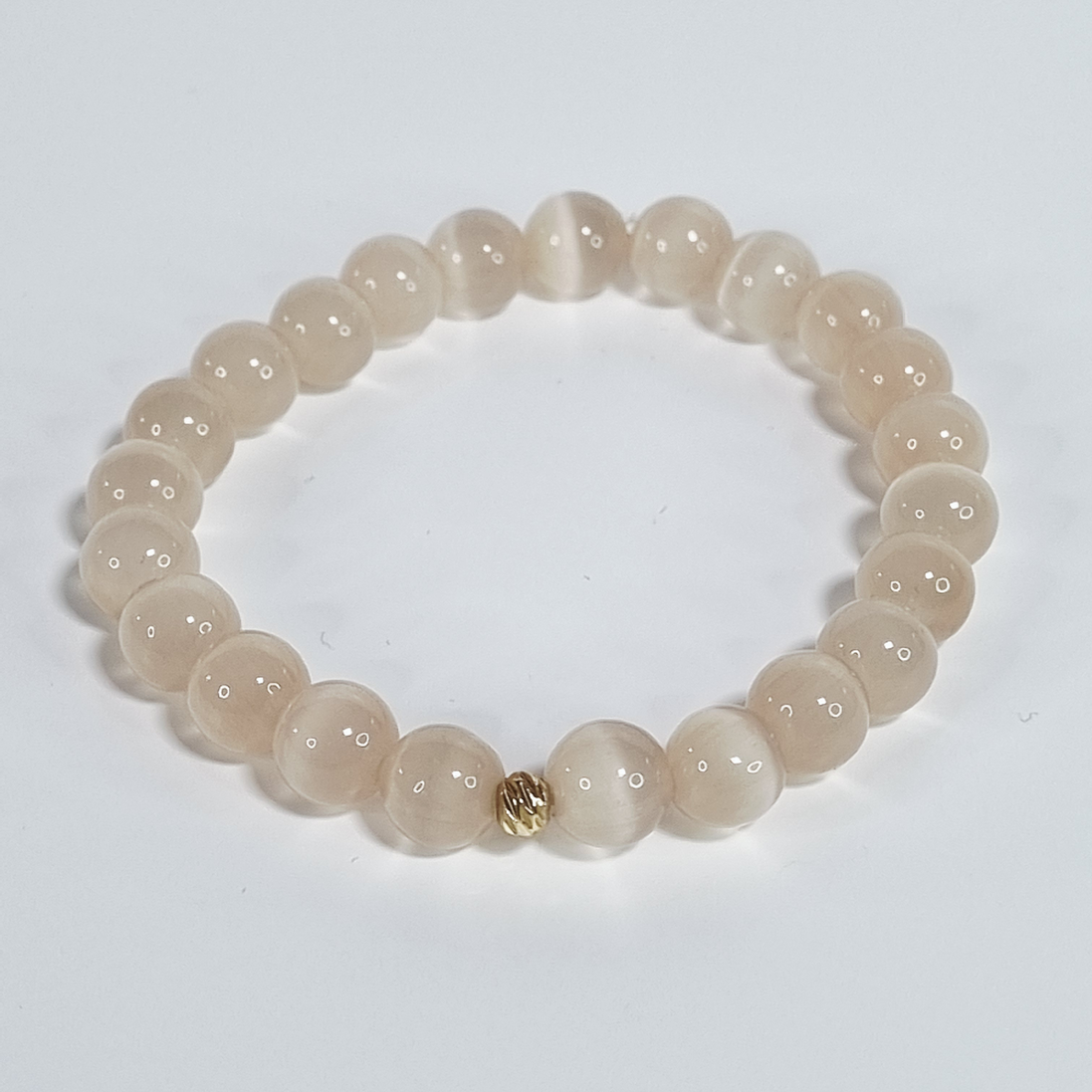 Champagne Glow Handmade Cat Eye Stretch Bracelet with Gold-Plated Stainless Steel Spacers