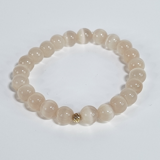 Champagne Glow Handmade Cat Eye Stretch Bracelet with Gold-Plated Stainless Steel Spacers