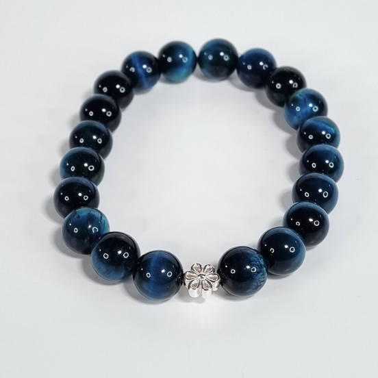 Evergreen Bloom Green-Blue Glass Bead Stretch Bracelet with Silver Flower Spacer