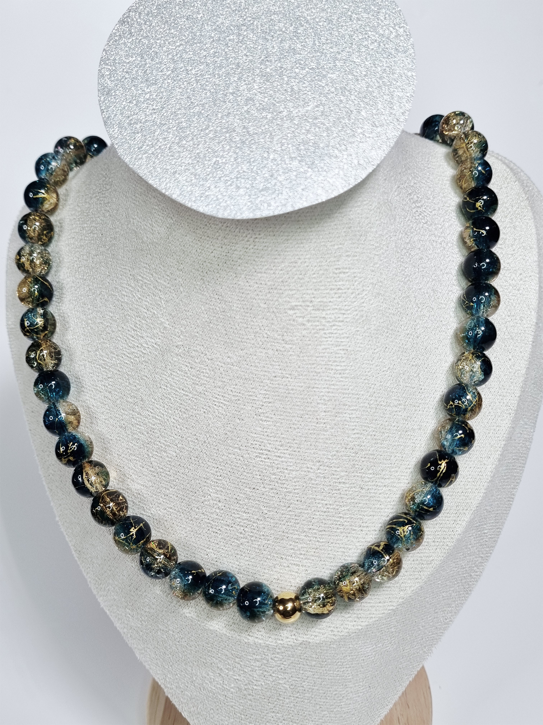 Midnight Forest Dark Blue and Green Glass Bead Necklace with Gold Stainless Steel Spacer