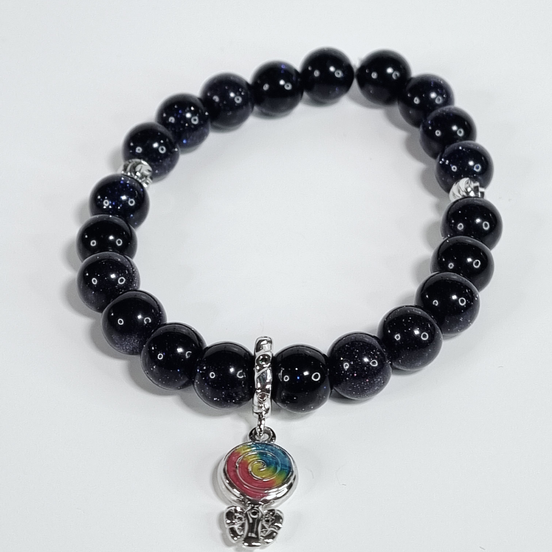 Sweet Spark Black & Purple Glitter Glass Bead Stretch Bracelet with Candy Charm
