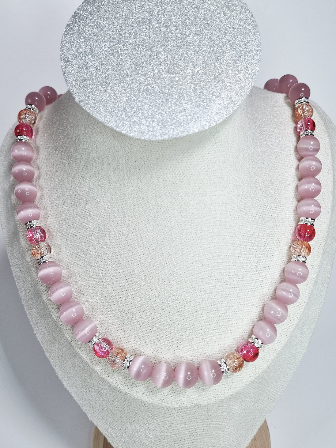 Flamingo Kiss Pink Glass Bead Necklace with Silver Plated Spacers