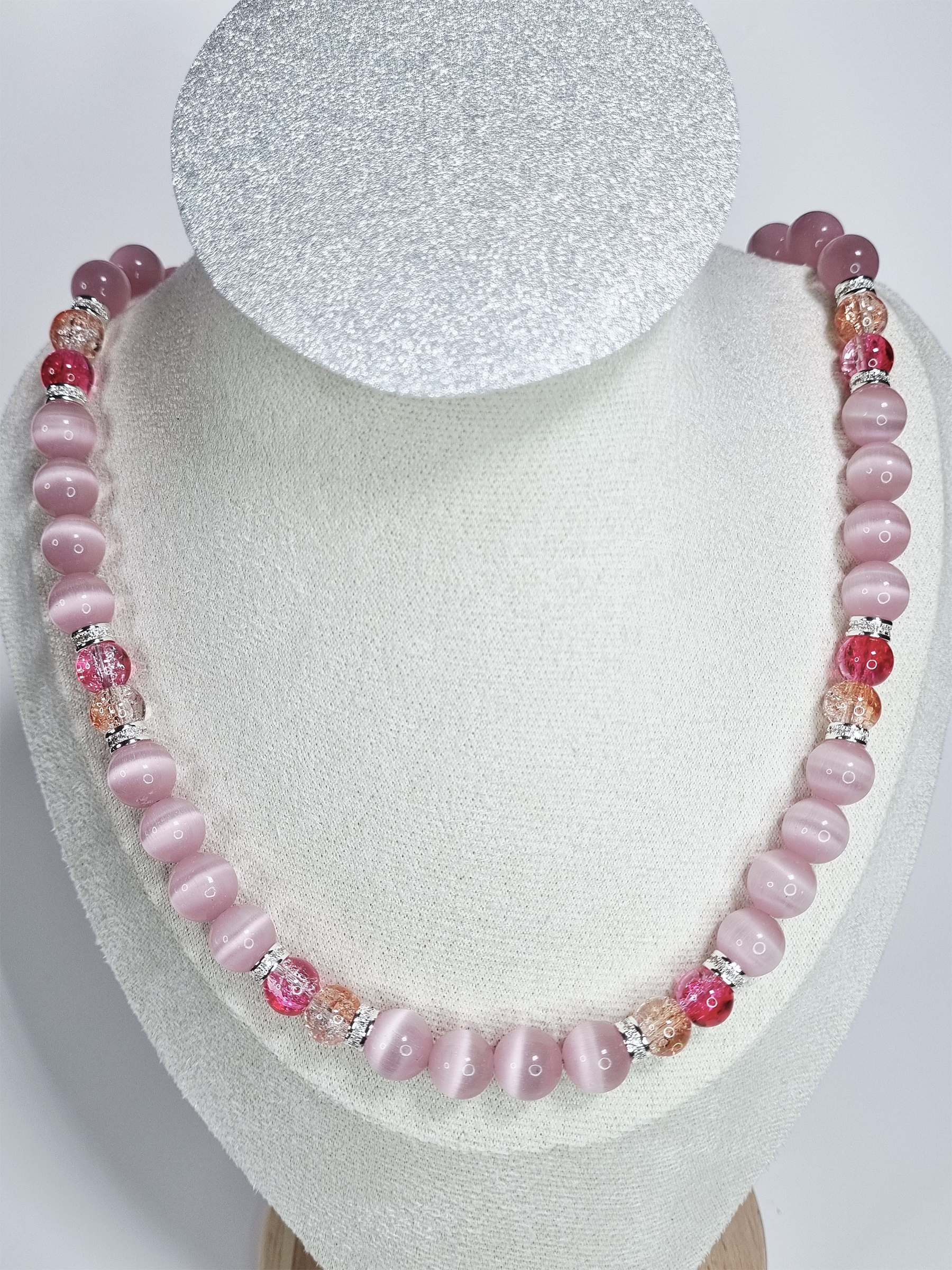 Flamingo Kiss Pink Glass Bead Necklace with Silver Plated Spacers