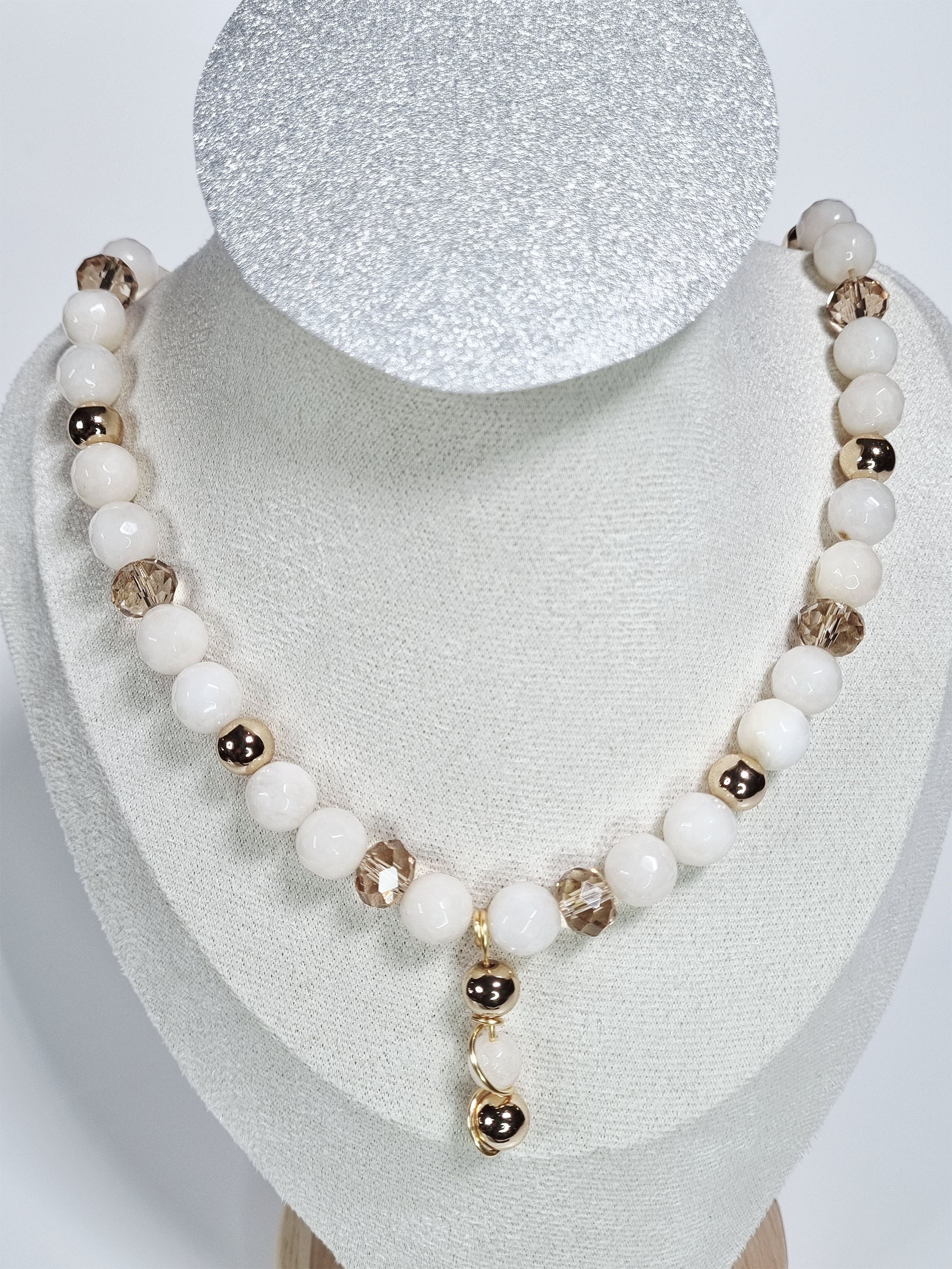 Champagne Harmony Beige Chalcedony stone Necklace with Gold Plated Spacers and Charm