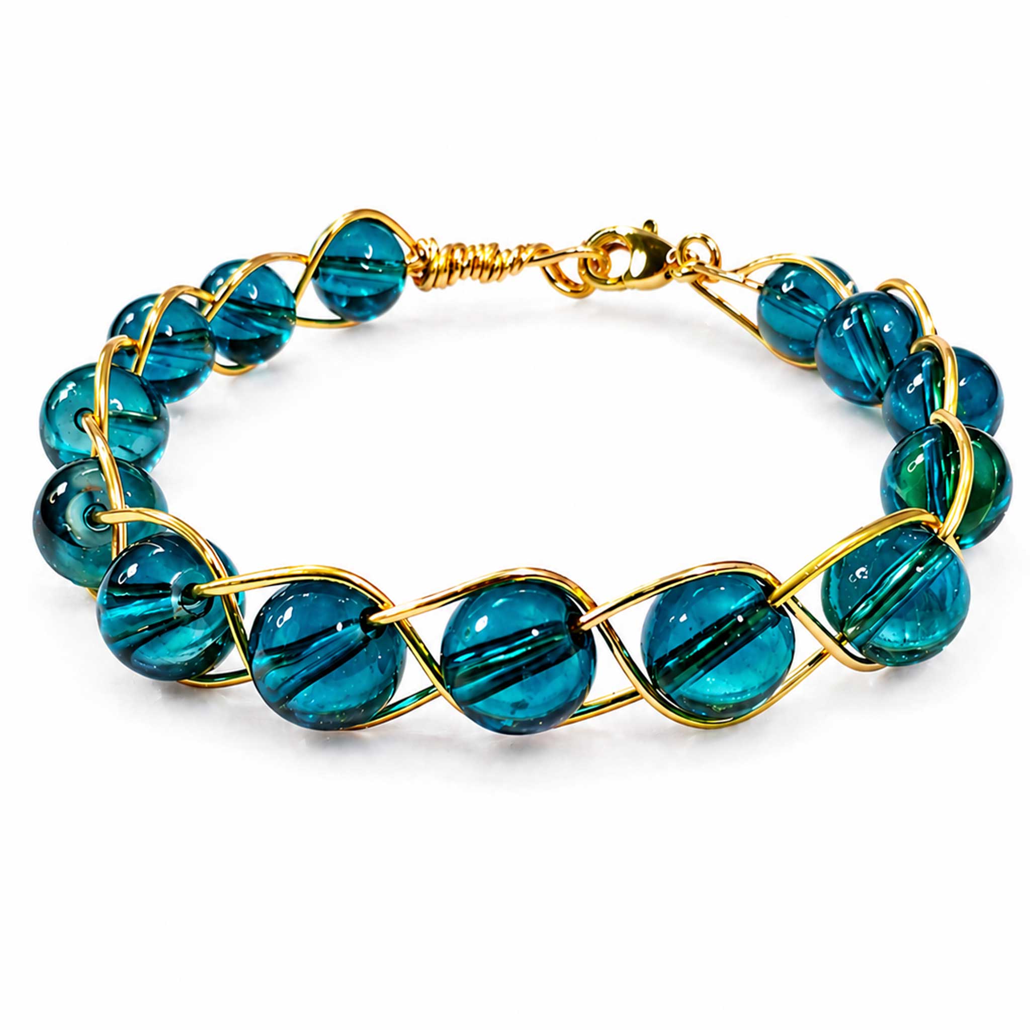 Gold Wire Beaded Bracelet – Dark Blue & Green Glass Bead Bracelet, Elegant Stackable Jewelry