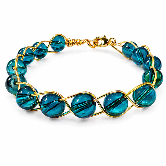Gold Wire Beaded Bracelet – Dark Blue & Green Glass Bead Bracelet, Elegant Stackable Jewelry