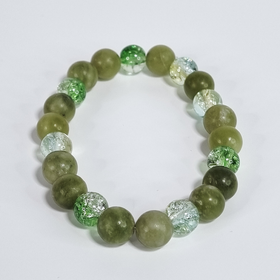 Verdant Grace Handmade Green Chalcedony Stretch Bracelet with Glass Bead Accents