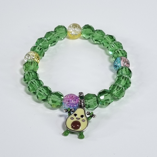 Avocado Spark Armband - Donkergroene Glazen Stretch Armband met Avocado bedeltje