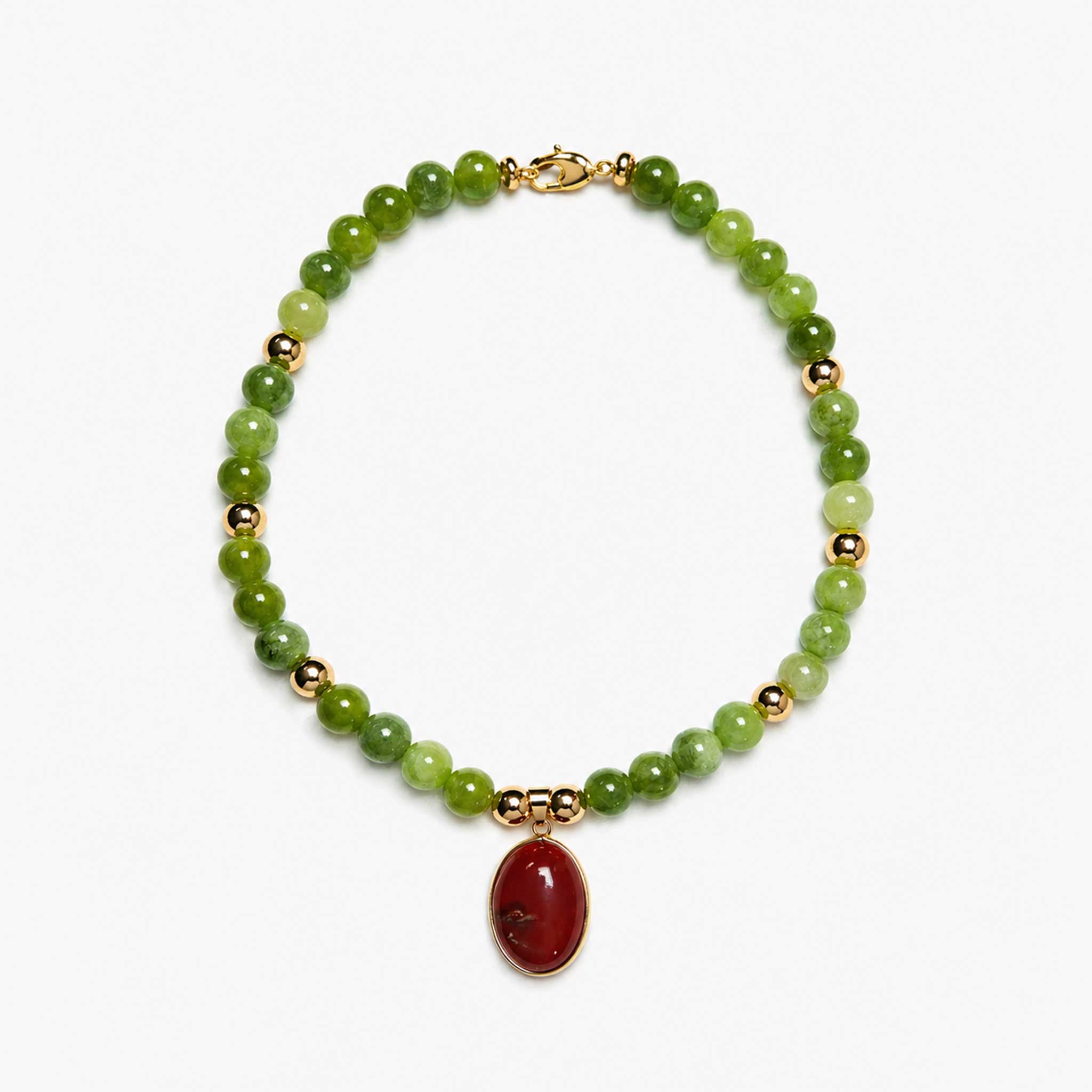 Green Stone Bead Necklace with Red Brown Pendant – Gold Accent Beaded Necklace, Elegant Jewelry (38 cm / 15 in)