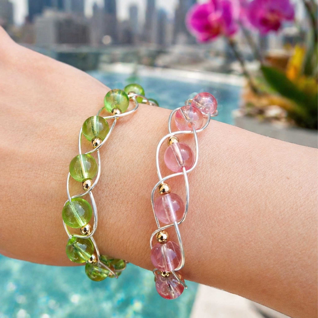 Green & Light Pink Stackable, Silver Bracelets set, Handmade Glass Bead Jewelry