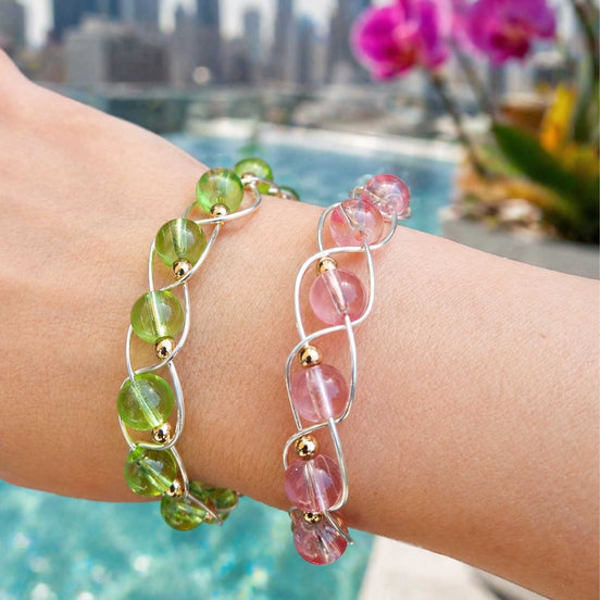 Green & Light Pink Stackable, Silver Bracelets set, Handmade Glass Bead Jewelry