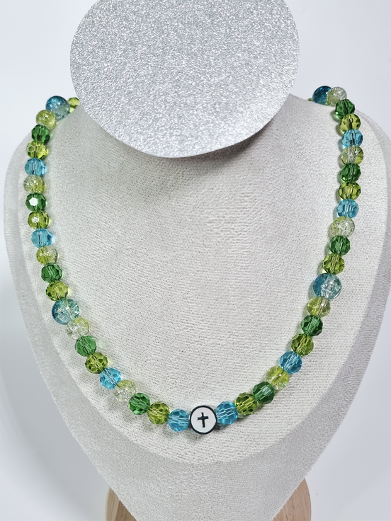 Living Faith Glass Bead Necklace with Green, Blue & Yellow Crystals and Silver Cross Pendant