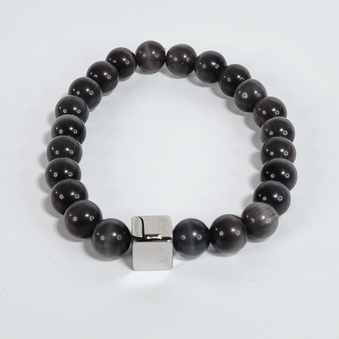 IJzeren Pijler Graveerbare Grijze Glazen Kralen Rekbare Armband met Roestvrijstalen Vierkant