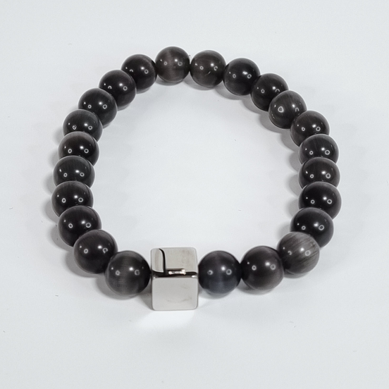 IJzeren Pijler Graveerbare Grijze Glazen Kralen Rekbare Armband met Roestvrijstalen Vierkant