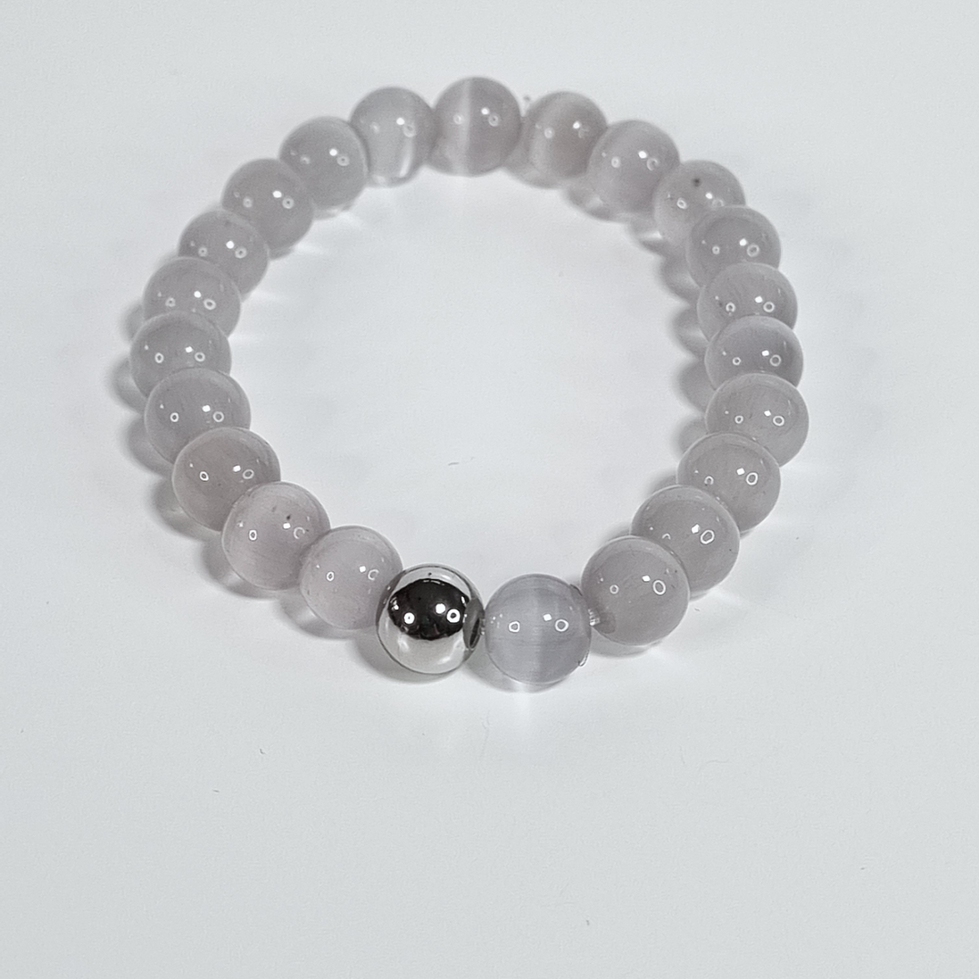 Urban Mist Grey Glass Bead Stretch Bracelet with Stainless Steel Spacer Ball
